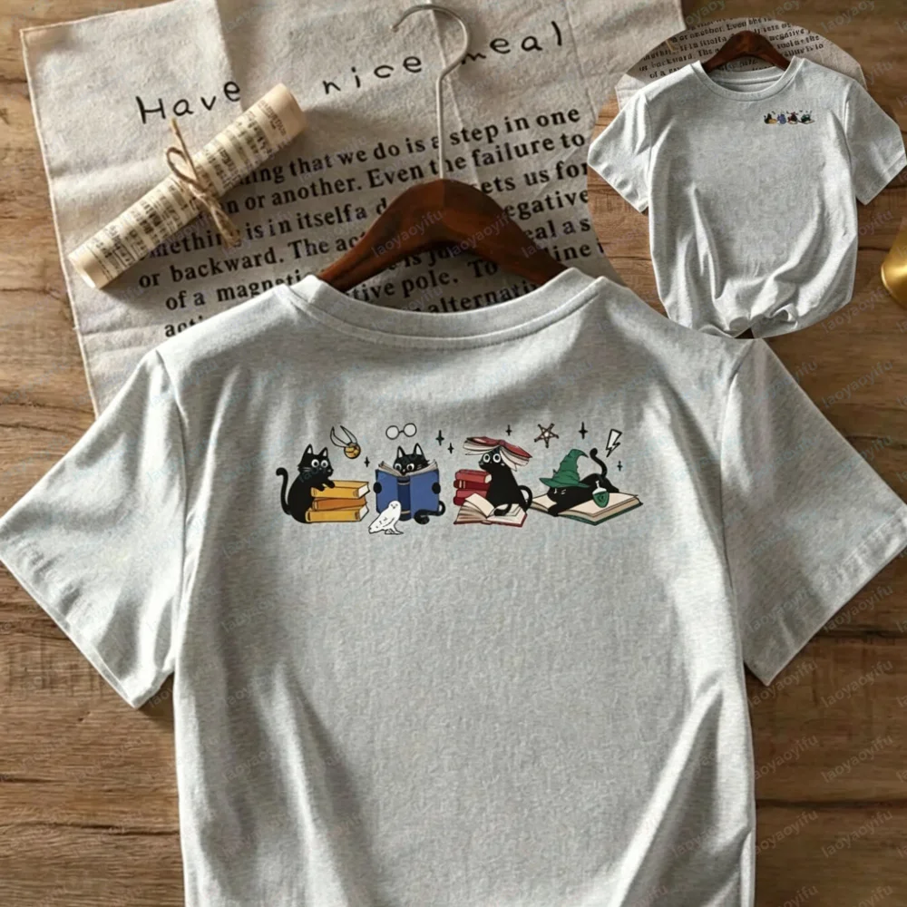 Wizard Black Cat Book Lover Graphic T-Shirt Casual Cotton Short Sleeve Magic Fantasy Cat Print Funny Outdoors Quality Cotton Tee