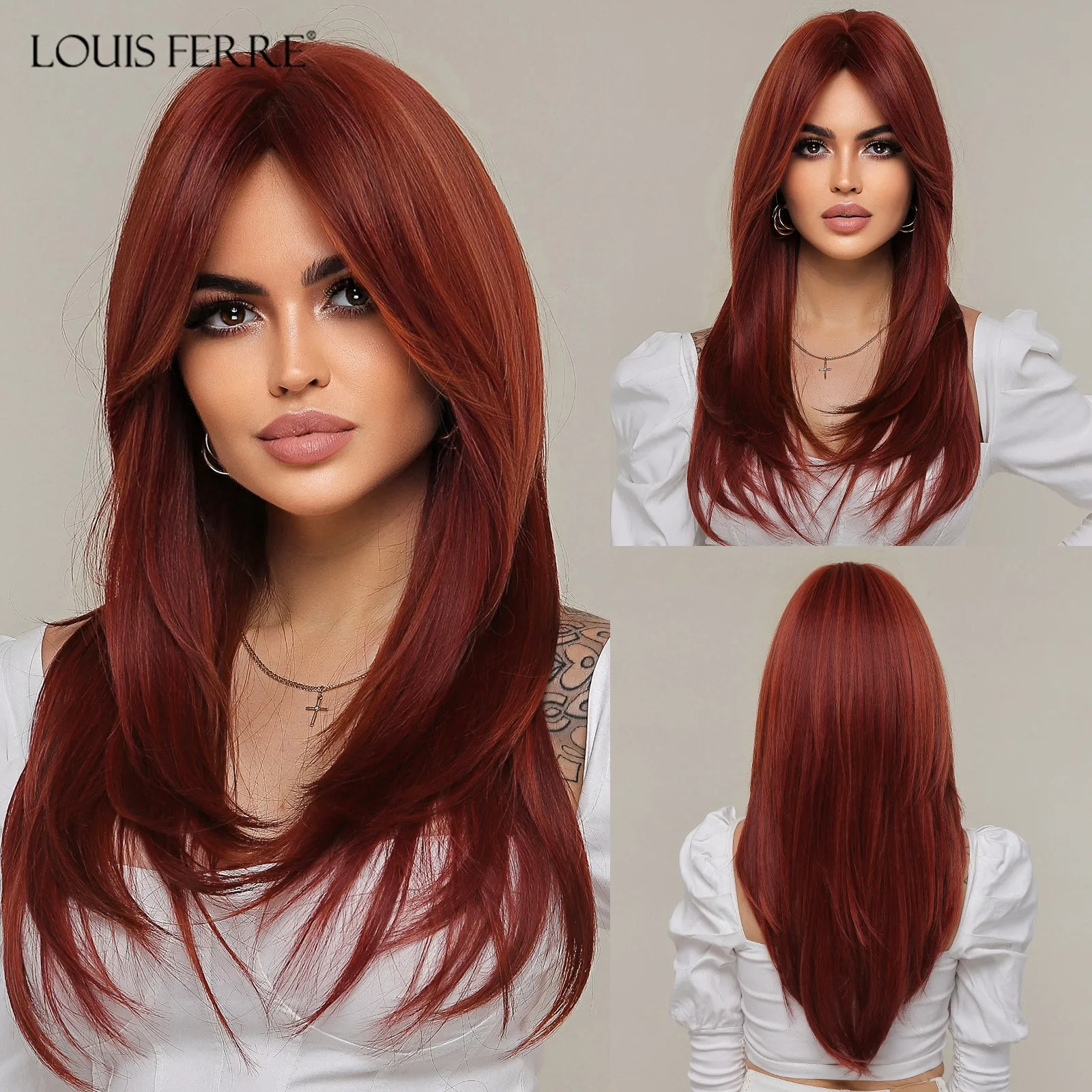 

LOUIS FERRE Red Layered Synthetic Hair Wig Long Red Straight Wigs with Bangs Soft Natural Daily Party Use Heat Resistant Fiber