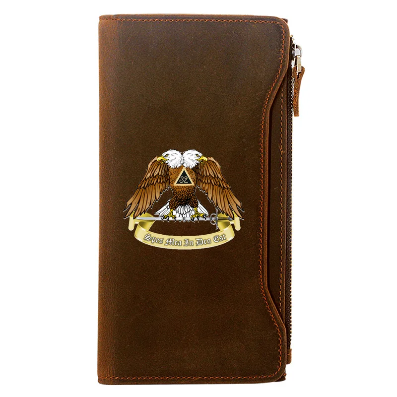 

Masonic 32 Eagle Spes Mea In Deo Est Printing Long Wallets Zipper Large Capacity Genuine Leather Male Purse Clutch Bag BI1282