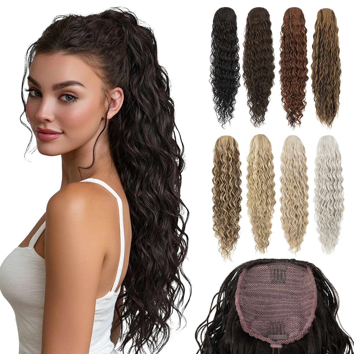 

[Натуральный кудрявый хвост] Элегантный кудрявый волнистый хвост-накладка, длина 32 дюйма, женский синтетический волнистый хвост-накладка на заколке, натуральный вид