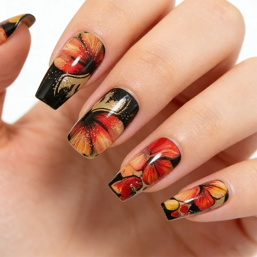 24PCS Ballet Shape Floral Press On Nails Sweet Edgy Reusable No Damage False Nails For Women Girls Daily Party Date