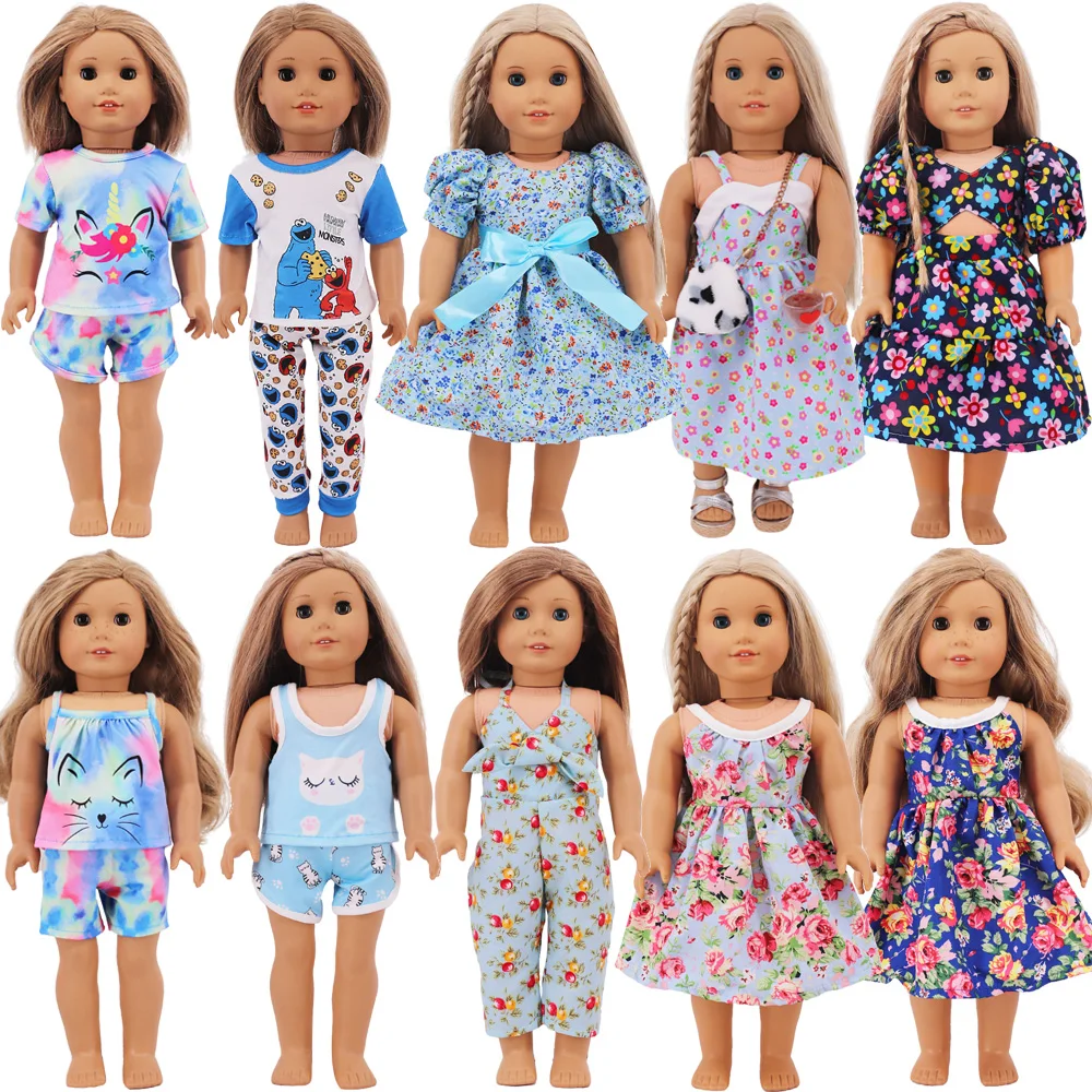 Doll Blue Clothes Floral Dress Daily Wear Suit Fit 18Inch American Doll&43Cm Born Baby Doll Clothing Accessories,Girl's Toys