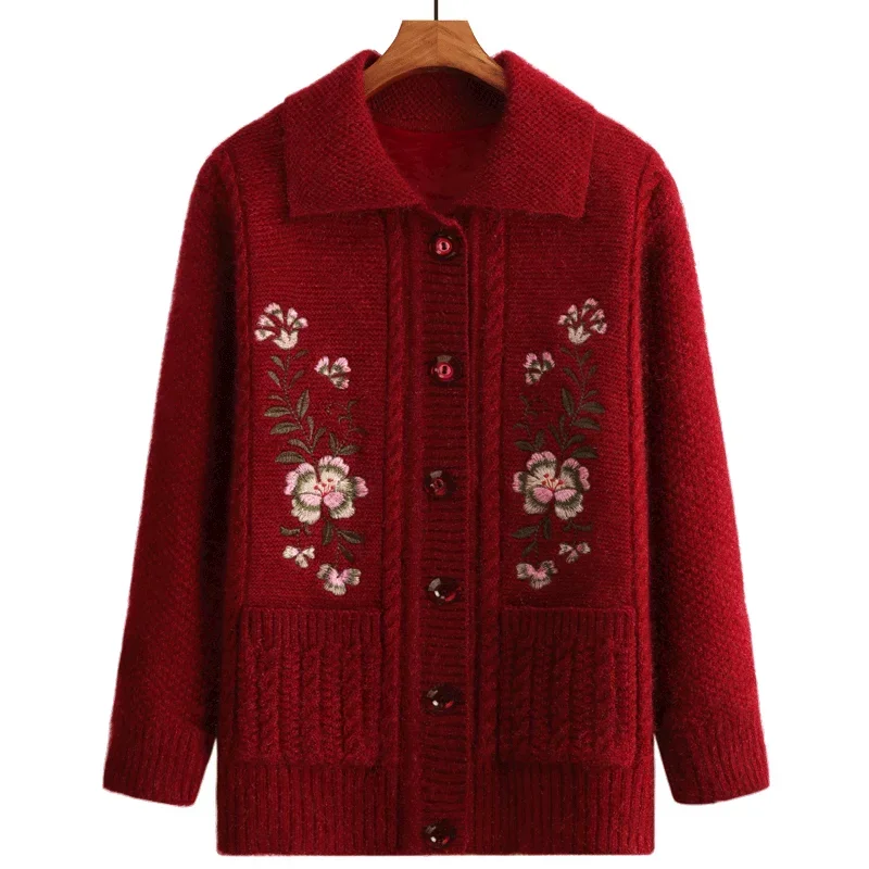 New 2025 Autumn Winter Women Cardigan Fashion Casual Flower Embroidery Middle-aged Women Sweaters Women Coats