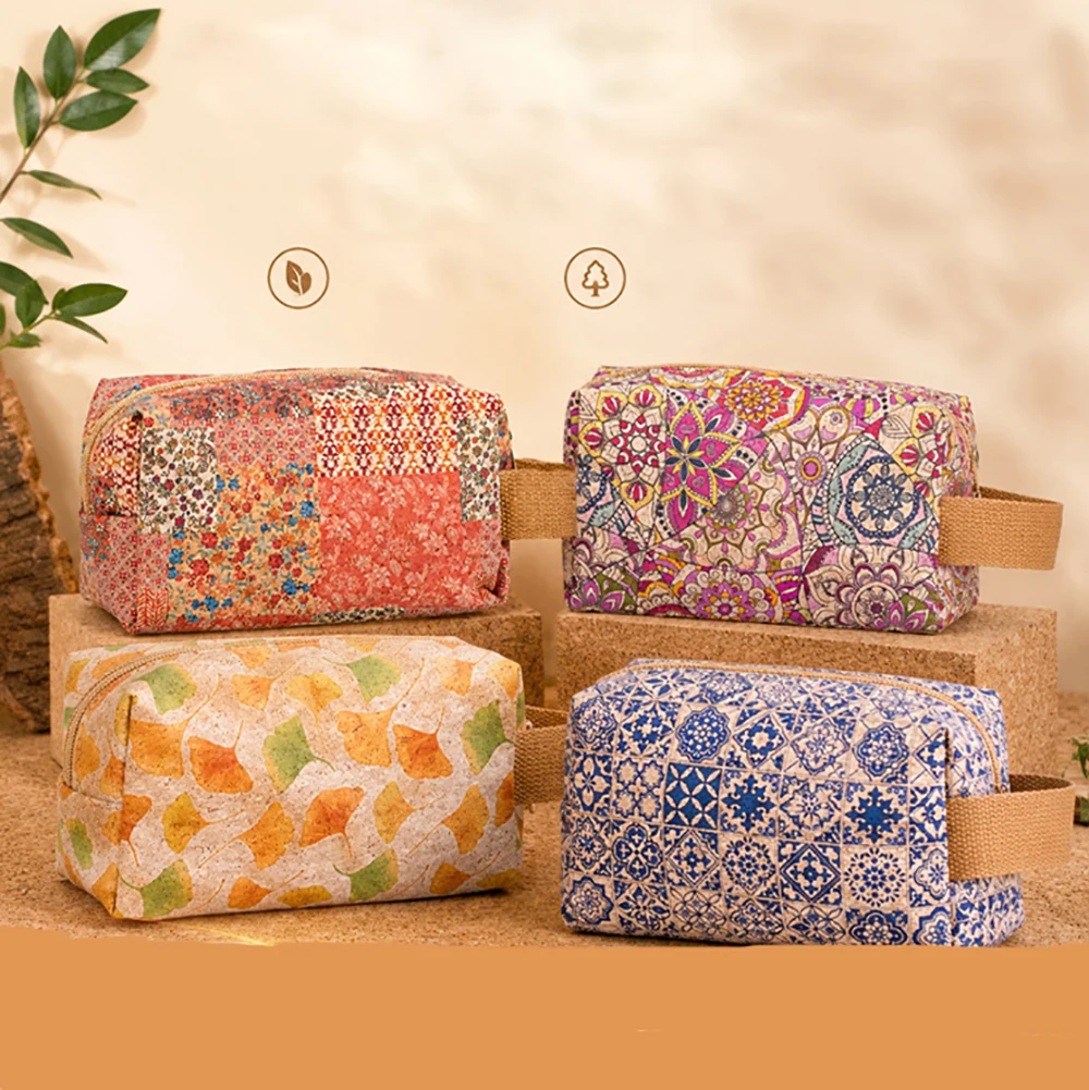 10pcs Cosmetic Bags Women Cork Leather Geometric Leaf Print Solid Makeup Pouch Protable Wash Bag With Wrist Mix Color