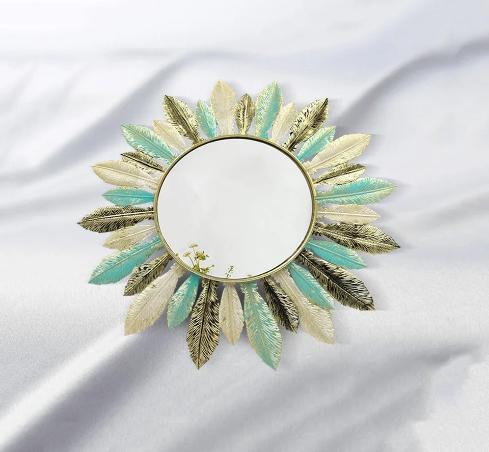 Aqumotic 40cm Plume Wall Decorative Mirror Feather Pinna Glass Mirrors Iron Green Grace Living Room Entrance Home Embellish