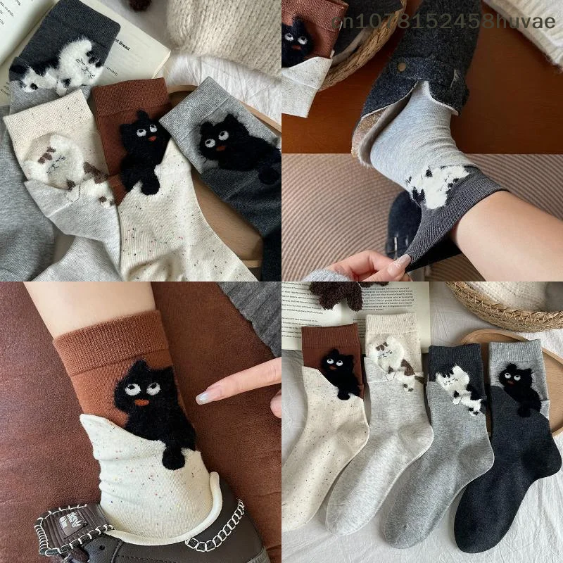 1 Pair Soft Comfortable Sweat Absorbing Breathable Casual Couples Sock Three-Dimensional Cat Printed Men Female Mid Tube Socks
