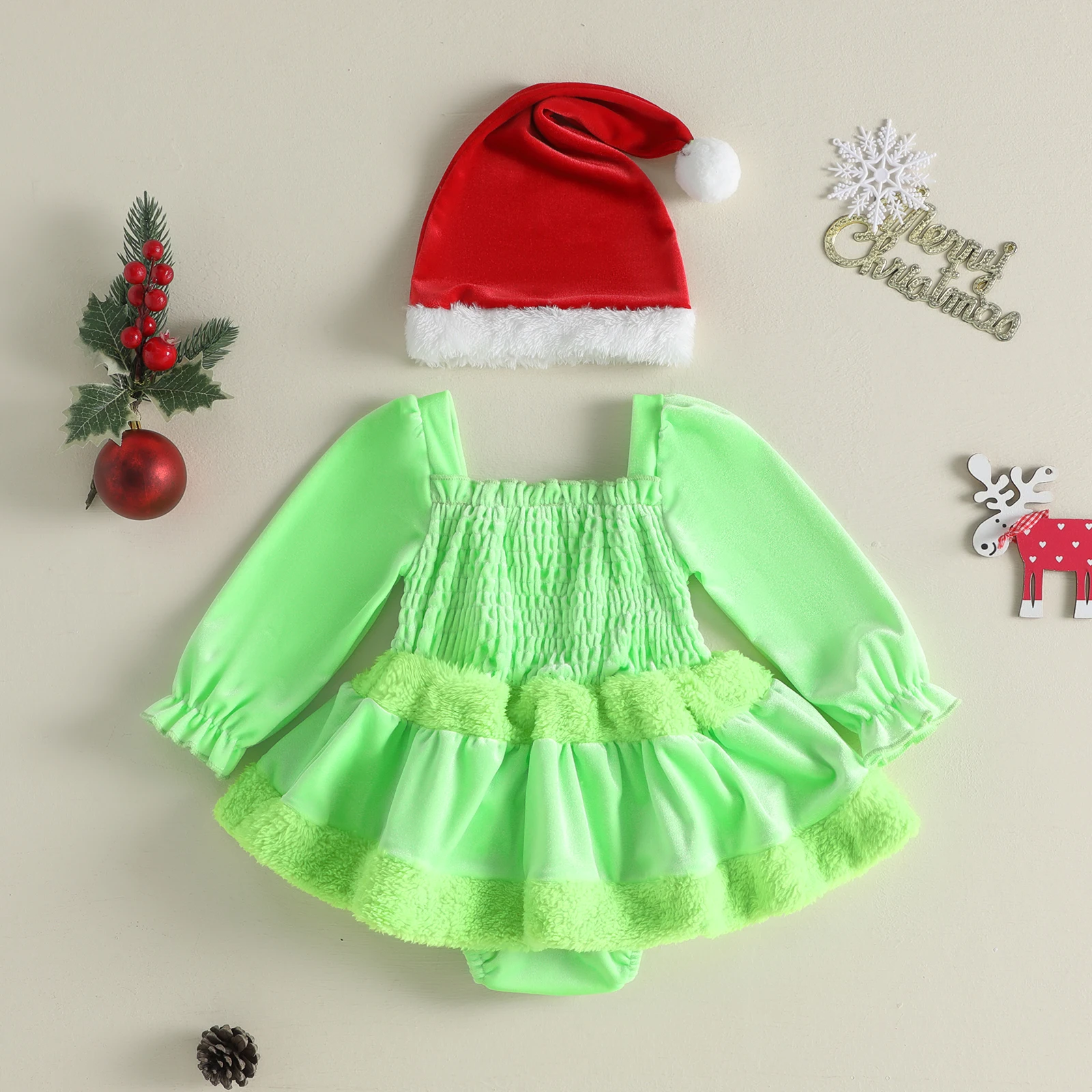 Baby Girl Christmas Bodysuits Dress Outfits Velvet Long Sleeve Fur Trim Romper Dress with Headband Costume