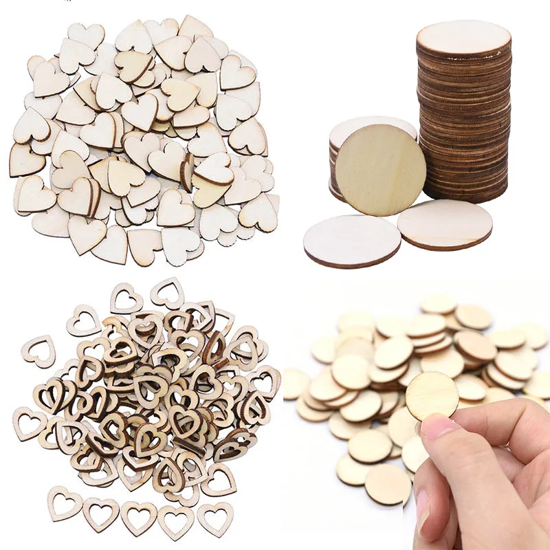 Natural Heart/Round Shape Wood Chip Unfinished Wood Cutout Circles DIY Handmake Wooden Craft Wedding Home Decor Supplies