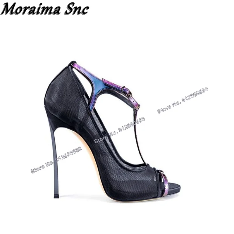 Moraima Snc Air Mesh T Strap Metal Heel Sandals Peep Toe Cover Heel Stilettos High Heels Cut Out Summer Wedding Shoes on Heels