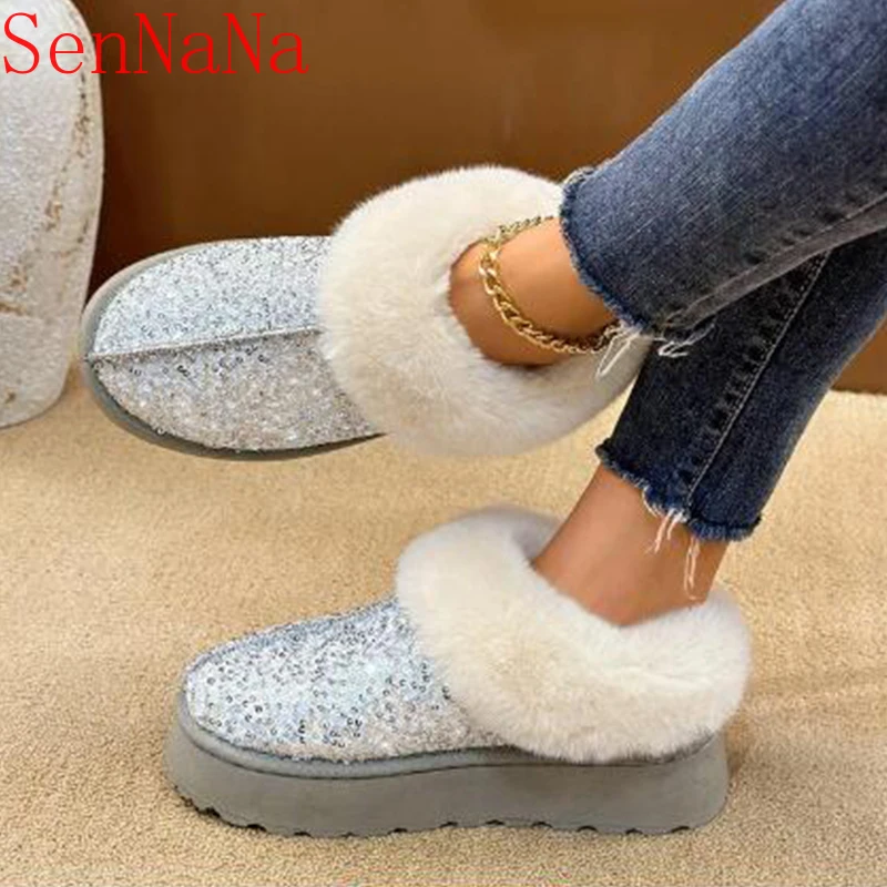 Bling Frauen Wohnungen Schneeschuhe Winter Plattform Fell warme Baumwoll schuhe neue Trend Mode Walking kurze Plüsch Zapatillas weiblich