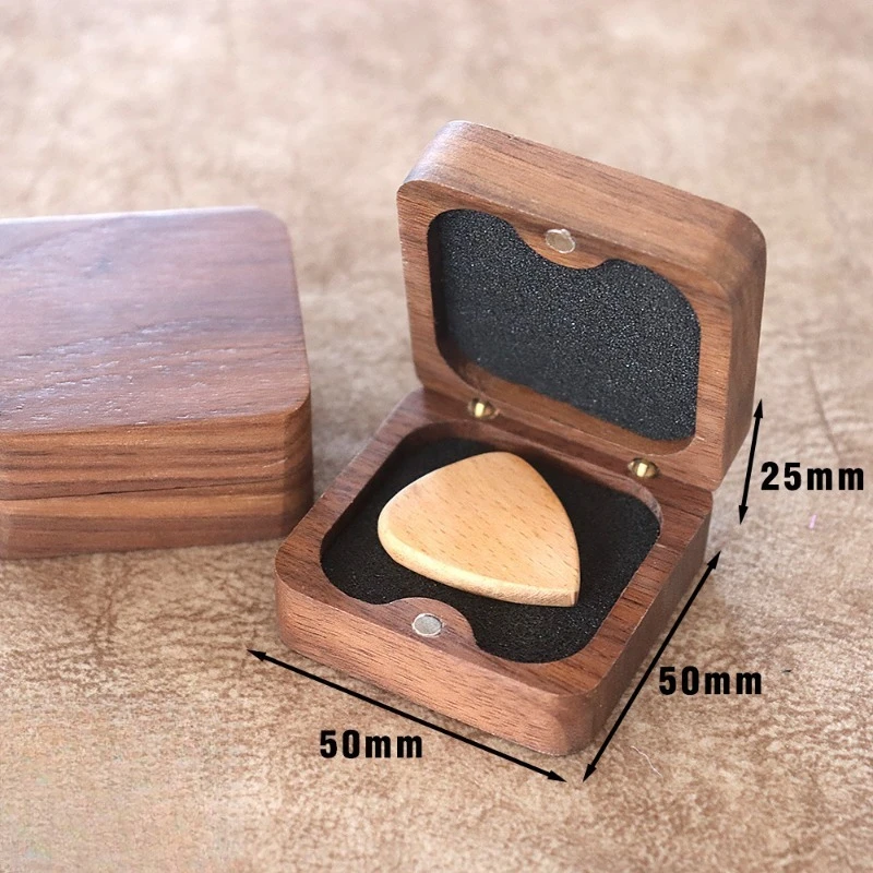 Square Black Walnut Guitar Pick Storage Box Portable Wooden Holder With Soft Liner Fit Various Multiple Guitar Picks