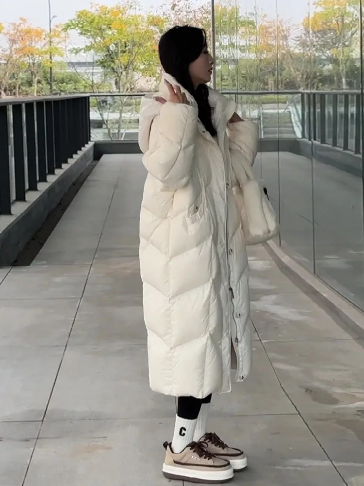 패셔너블한 화이트 다운 재킷 여성용 루즈 롱 오버니 코트 겨울 신상 캐주얼 슬림 메모리 원단 테니드 로...