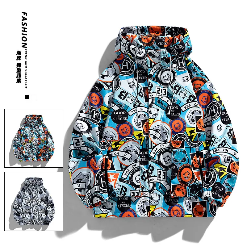 Men Autumn Tactical Jacket Zipper Sweatshirt Outdoor Hooded Jacket New Cartoon Full Print Casual Retro Windbreaker Trendy Coat