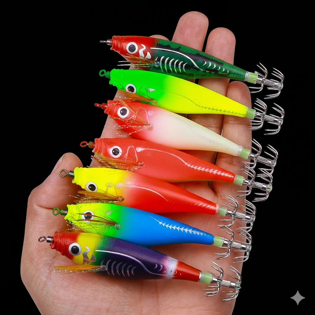 1PC  horizontal Squid Jigs 9.5cm 10g Fishing Lure Artificial Squid Hook Plated Jigging Baits For Sea Fishing Cuttlefish Luminous