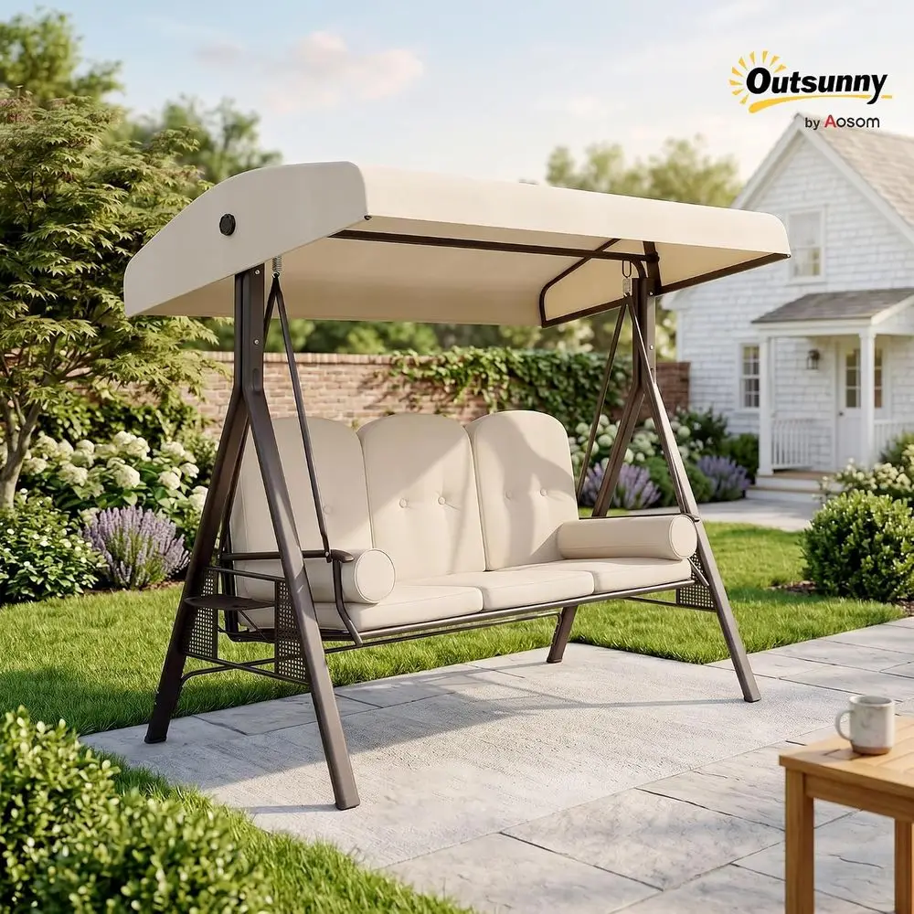 3-Seat Patio Swing Chair Adjustable Beige | Outdoor Porch Swing Glider, Removable Cushion, Pillows, Side Trays, Garden, Poolside