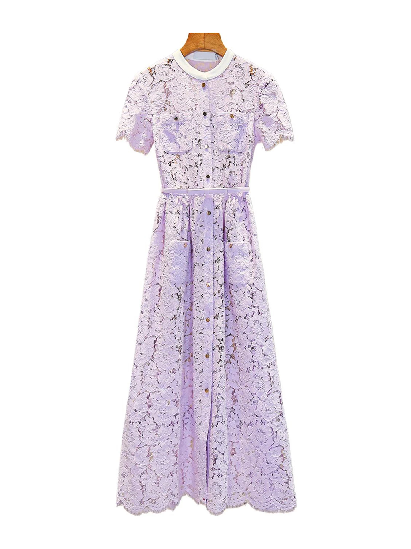 Ele Long Lace Dr Dames Summer Faion Hoge taille A-lijn silhouet ort Sve ronde Ne enkele knoopsluiting