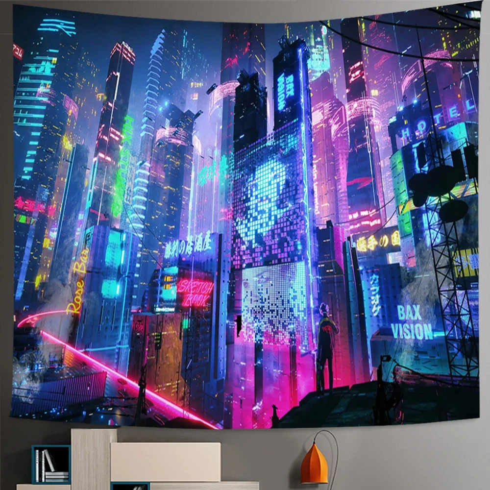 Cyberpunk Tapestry Psychedelic Fantasy Future City Cyberspace Hanging Wall Cloth Neon Good Vibes Only Planet Mountains Poster