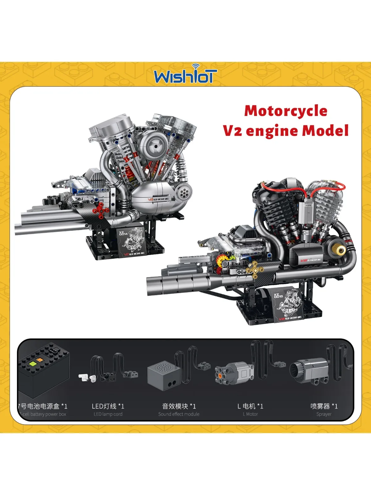 MOC Klassieke motorfiets V2 motorbouwstenen Elektrisch simulatiemodel met geluid Rookmotoraangedreven jongenskamer Decor Speelgoedcadeau - afbeelding 2