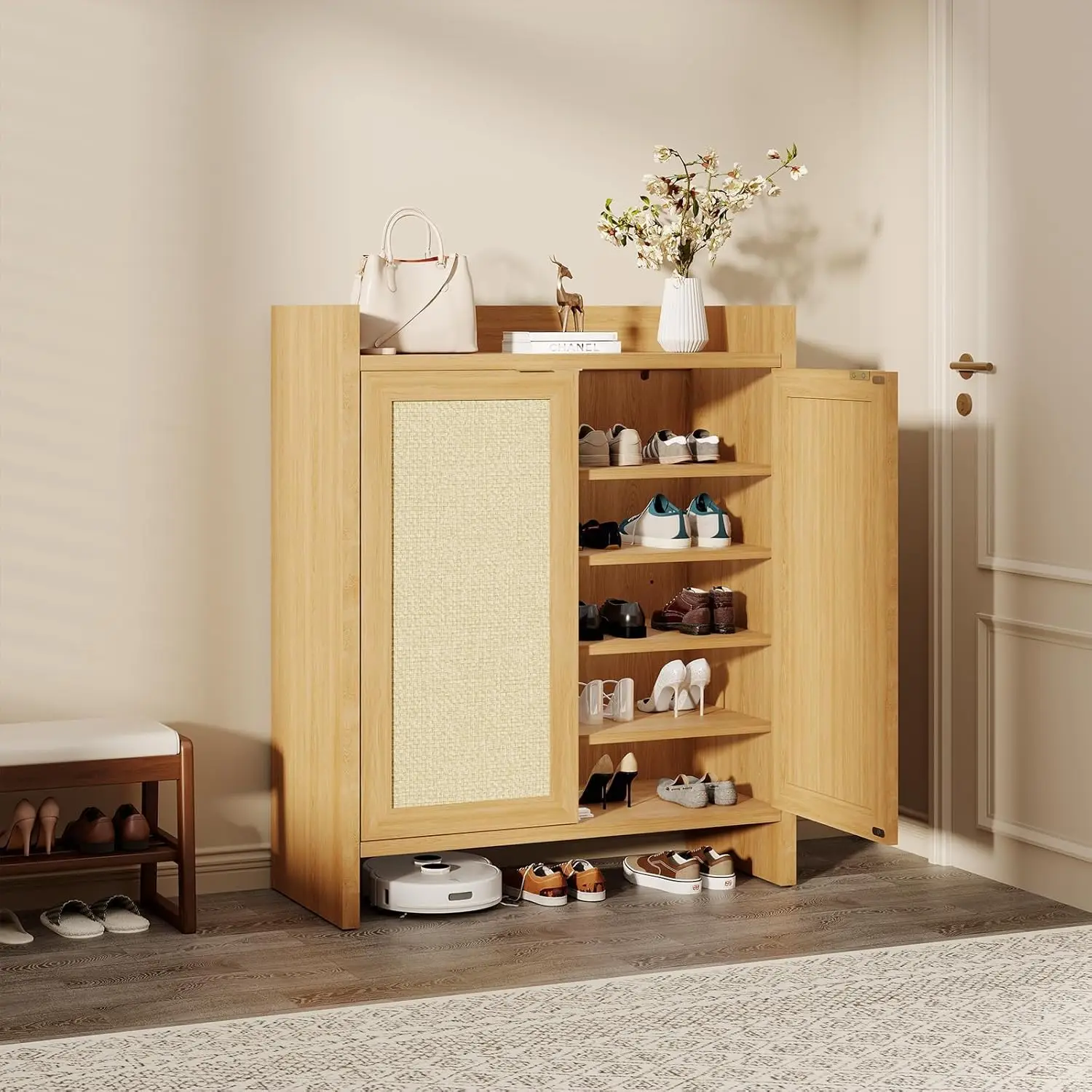 Rattan Rattan Shoe Cabinet for Entryway, Wooden Shoe Storage Cabinet with Adjustable Shelves, Freestanding Shoe Rack with Guardrail Top for Hallway & Living Room - Aliexpress Deal