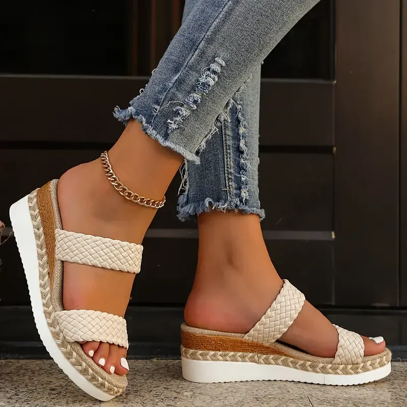 Chic Comfort Platform Sandals for Women - Braided Slip-On Design, Elevated Wedge Heel - Versatile for Everyday Wear