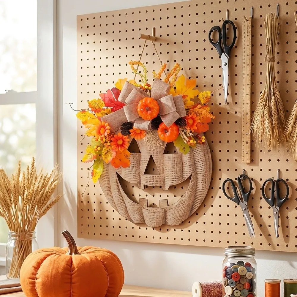 Rustic Halloween Wooden Pumpkin Door Hanger with Bow Vintage Harvest Maple Leaf Hanging Plaque Thick Board Anti-Deformation