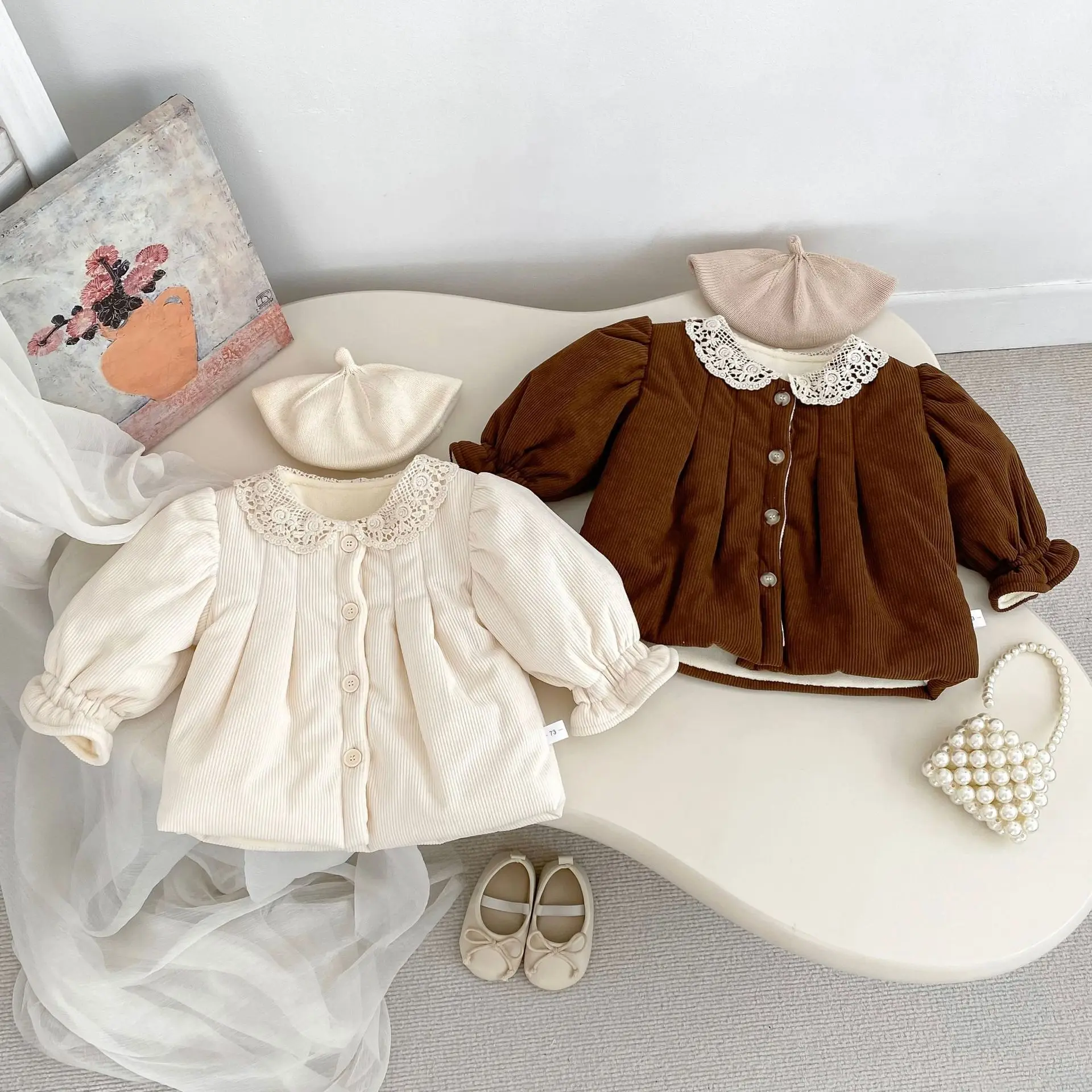 2025 inverno novas crianças mais veludo grosso casaco quente bonito meninas algodão acolchoado jaqueta infantil rendas lapela casaco de lã roupas do bebê