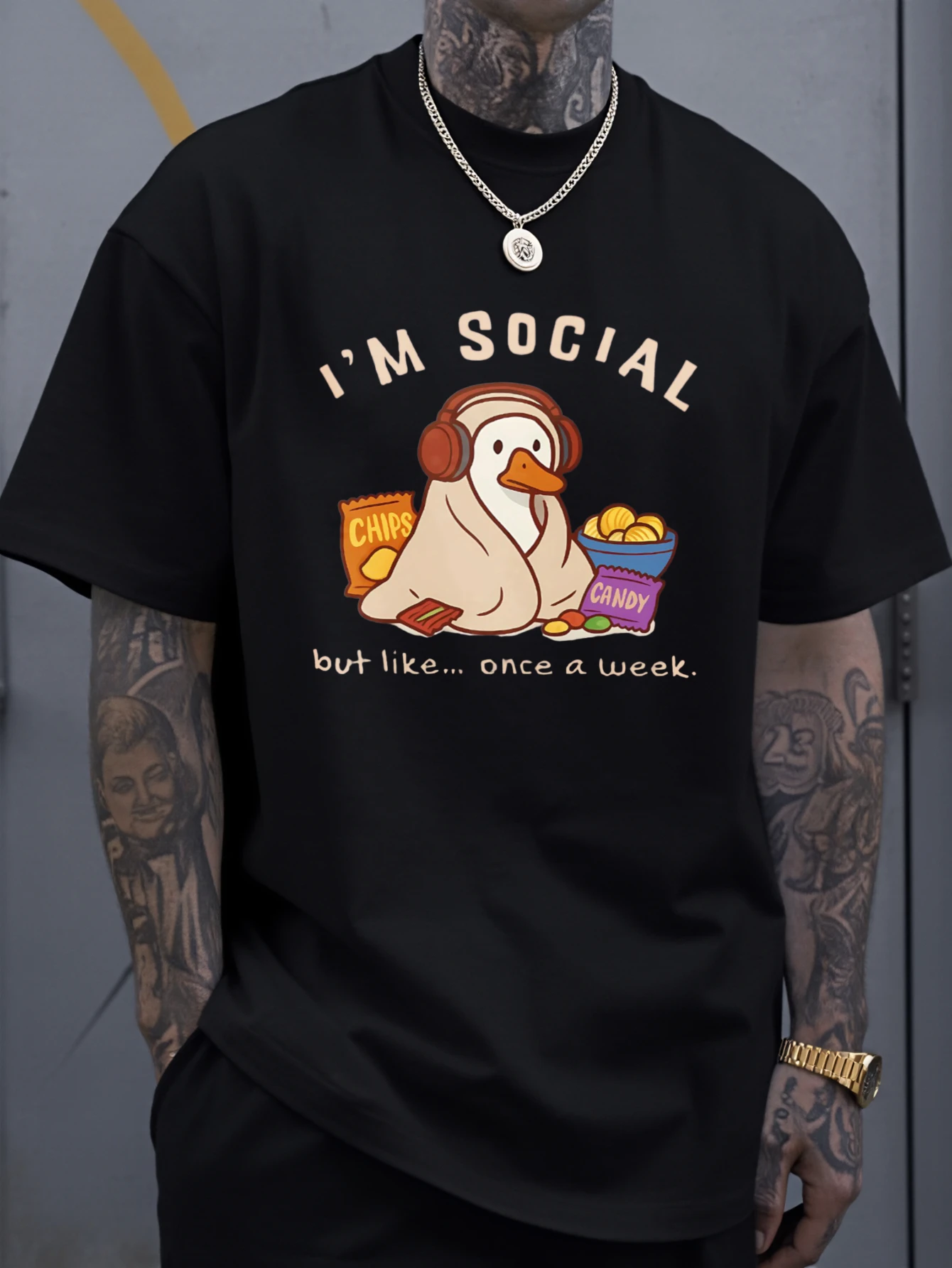Snack Duck Graphic T Shirt For Men Introvert Funny Quote Crew Neck Tee Lazy Humor Lifestyle Theme Casual Male Daily Outfit Tops
