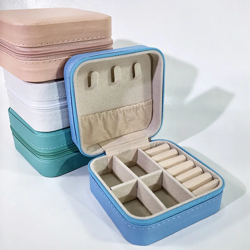 Mini Portable PU Leather Or Flannelette Zipper Jewelry Box Ring Necklace Earrings Pendant Multi-functional Jewelry Storage Box image 3
