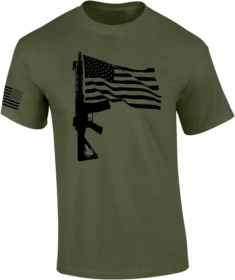 Patriot Pride Mens Patriotic T-Shirt Rifle Gun and American Flag Mens Short Sleeve Tshirt Graphic Tee