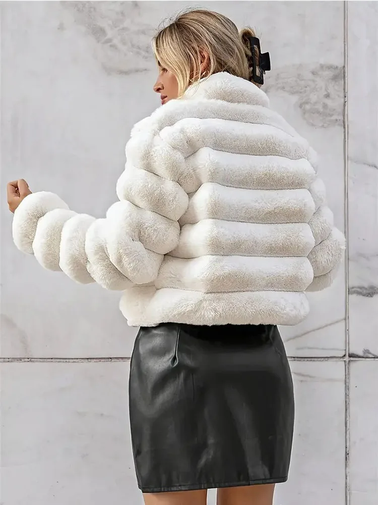 ZADORIN Autumn Winter Casual Cropped Fluffy Faux Fur Coat for Women Ripple Stand Collar Zipper Ladies Jackets Clothes for Women