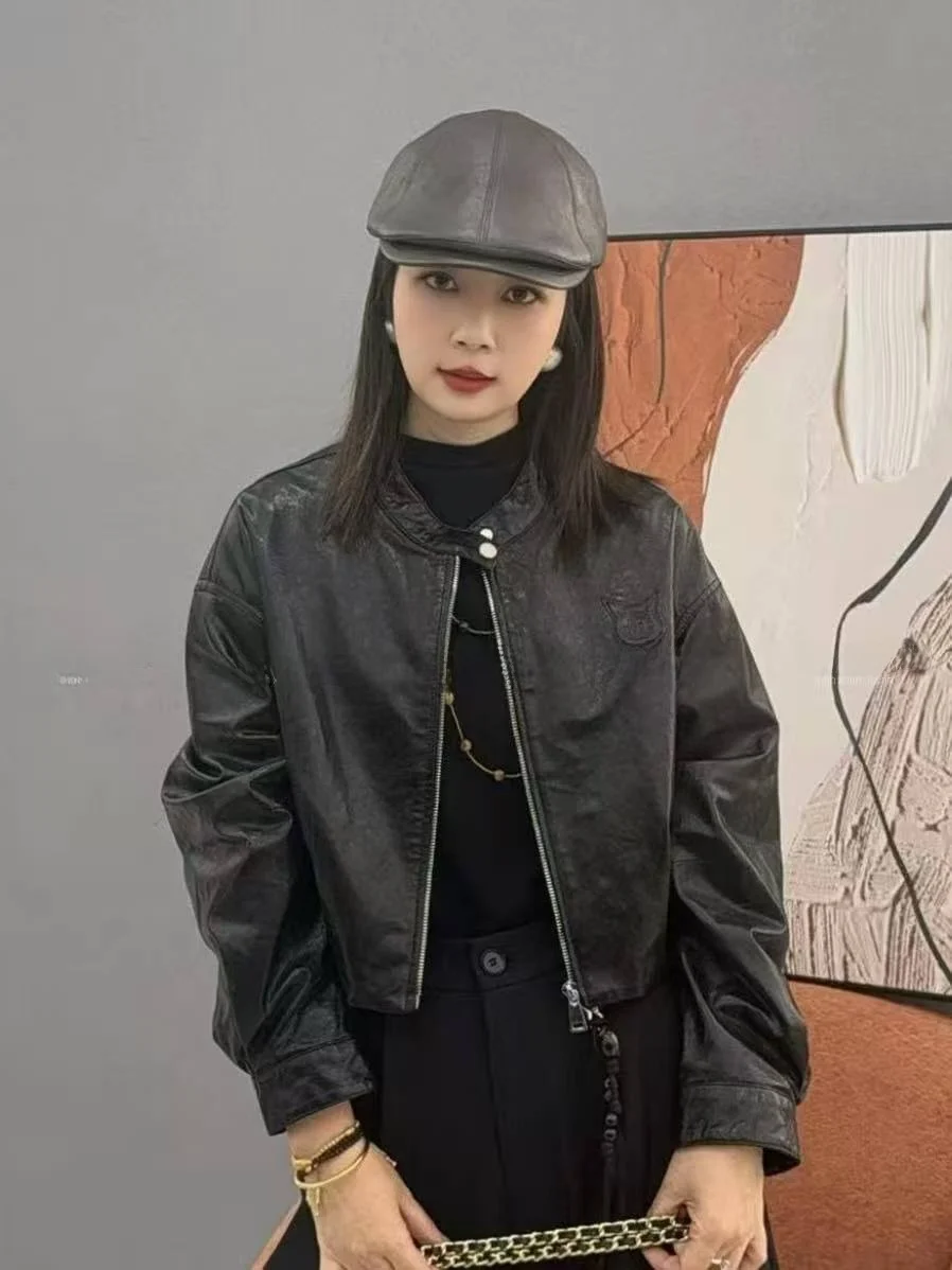 

2025 New Sle Women's eepskin Leather Jaet Slim Fit Biker Coat Zipper Closure Long Sve round Ne Outerwear