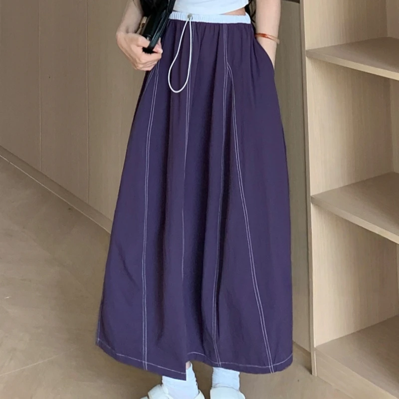 

High Waist Vintage Women's Cargo A-line Skirts Pockets 2025 New Casual Loose Patchwork Straight Umbrella Skirts Female