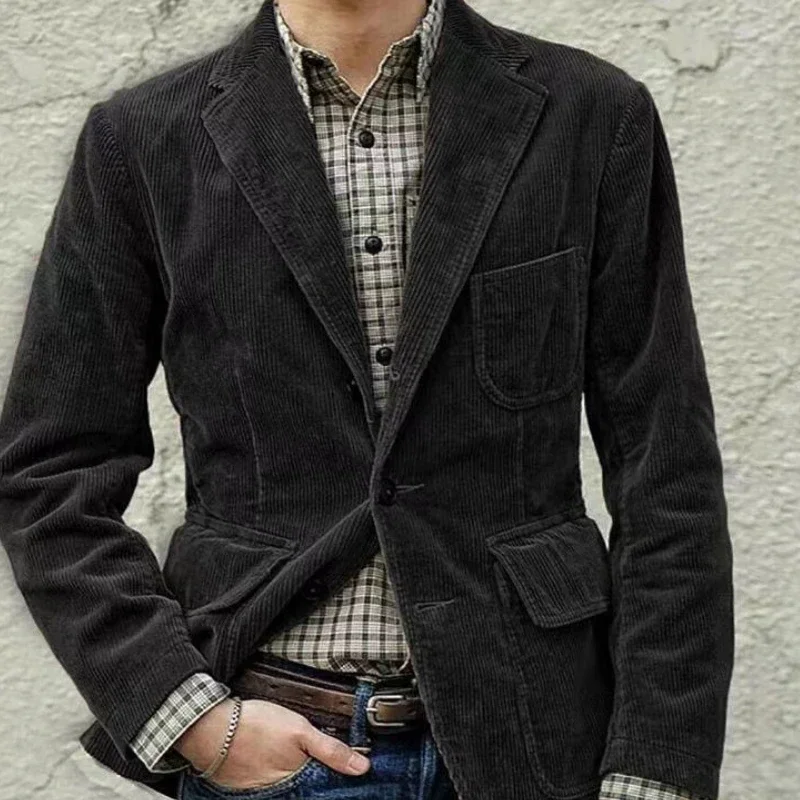 Men Blazer Corduroy Tops Jacket Man's Clothing Slim Fit Asual Chic Design Luxury Winter Autumn Solid Loose New Thick Business