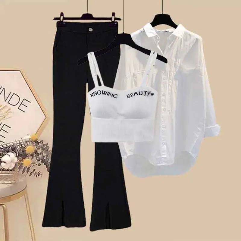 

Spring Fashion Three-Piece Set Sun Protection Letter Shirt Micro Flare Pants Ensemble Design Sense Complete Look Women'swear