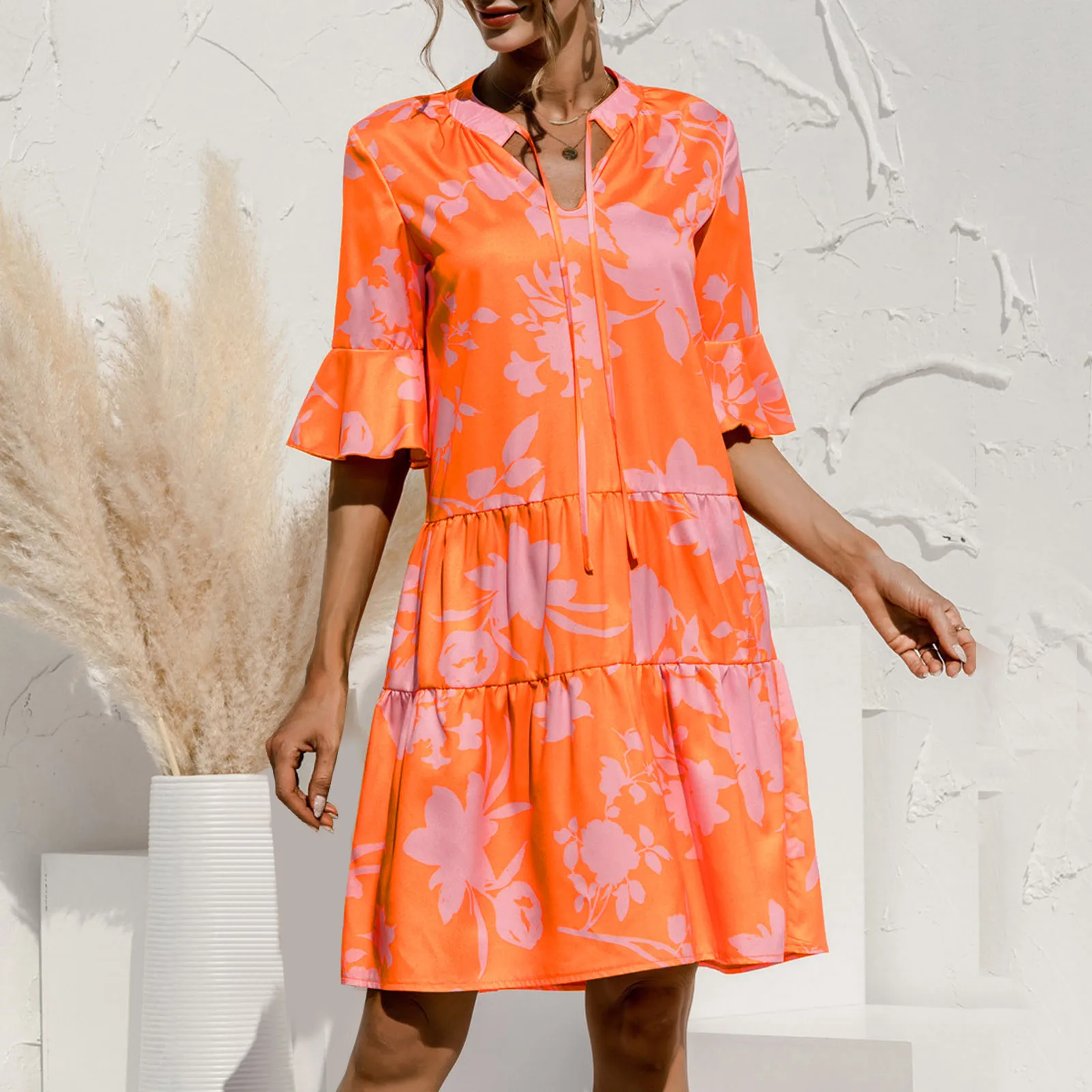 

Printed Holiday Style Dress Women Loose Flared Sleeve Knee Length Dress 2024 Ladies Summer Fashion Lace Up V Neck Floral Dresses