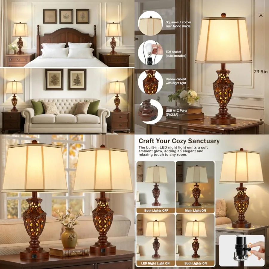 

Lamps for Night Stands Set of 2-23.5" Vintage Bedside Lamp with USB A+C and Nightlight - Retro Carved Resin Farmhouse Desk Lamp