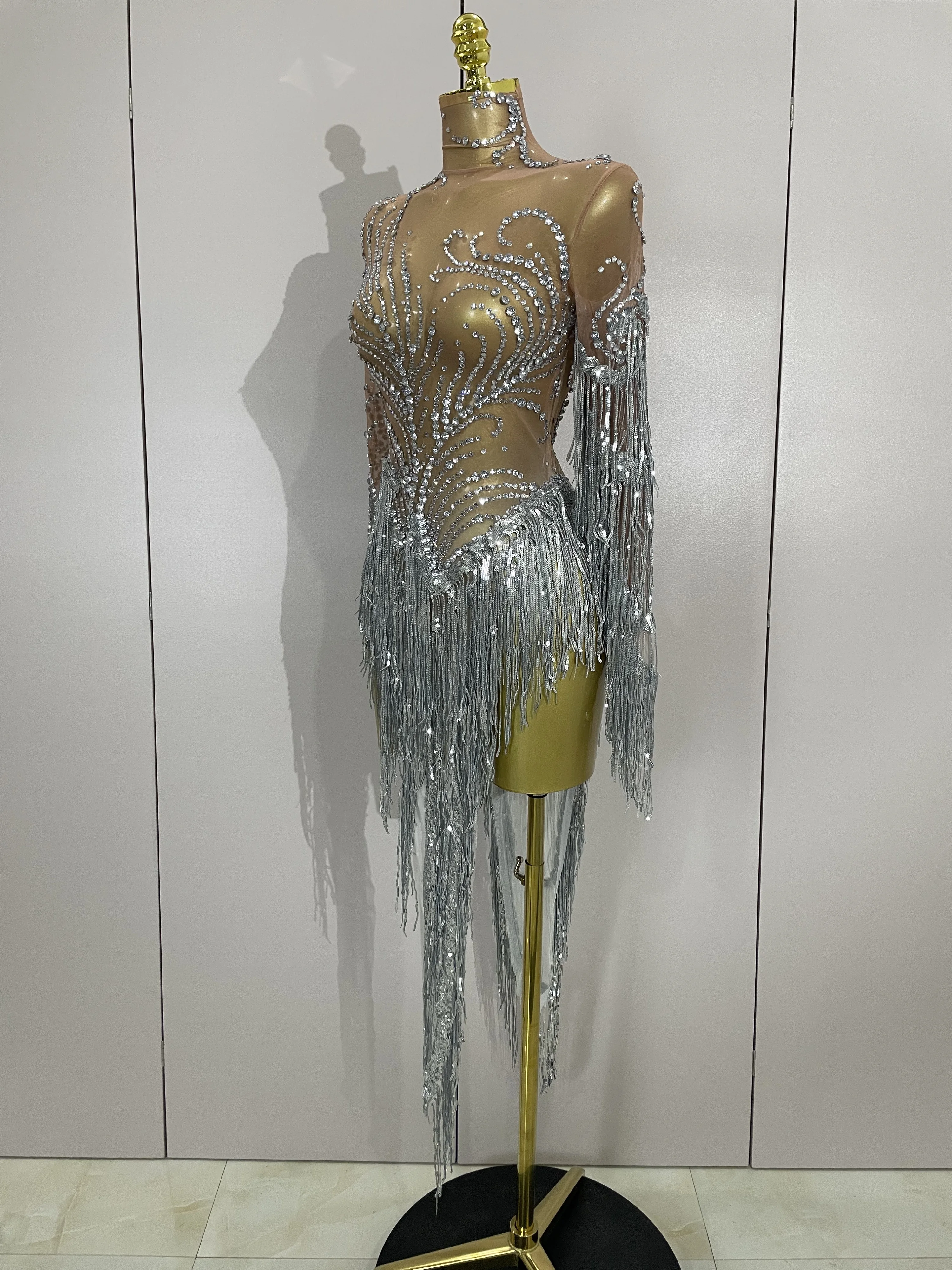 

АКЦИЯ, сексуальные сценические костюмы, блестящая сетка со стразами, прозрачные блестки, кисточка, вечерняя одежда для дня рождения, ночного клуба, танцевальной певицы