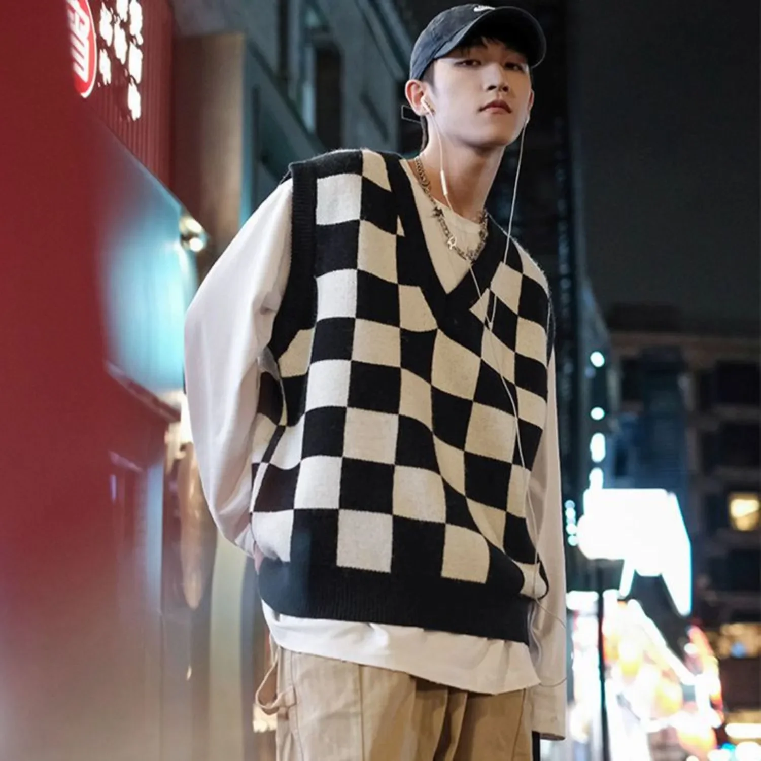 Men's Knitted Vest Black V Neck Checkerboard Waistcoat Loose Sweaters Male Clothing Deals 2024 Sleeveless Cheap High Quality Y2k