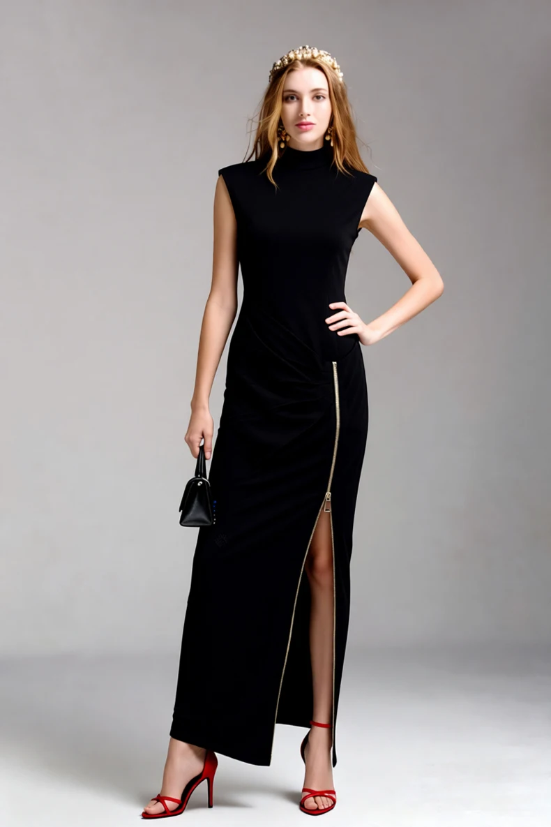 فستان نسائي طويل أسود برقبة عالية بدون أكمام - فستان طويل أنيق بسحاب جانبي للحفلات والسهرات والزفاف #4