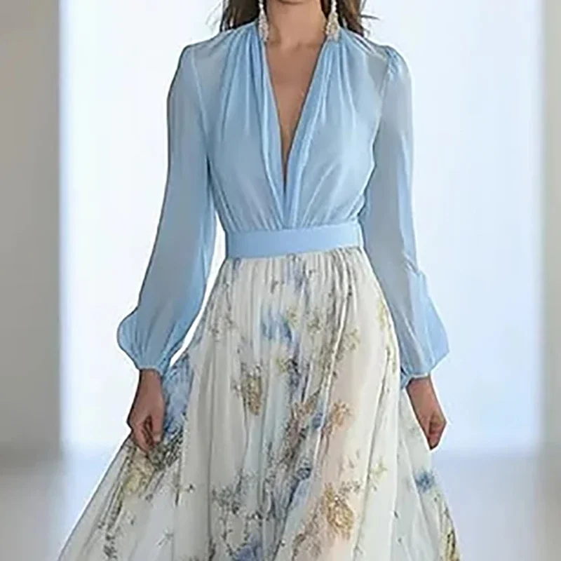 Mode Bloemenprint Patchwork Boheemse Jurk Vrouw Sexy Diepe V-hals Holle Lange Jurken Nieuwe Lente Bladerdeeg Mouw Losse Maxi Jurk