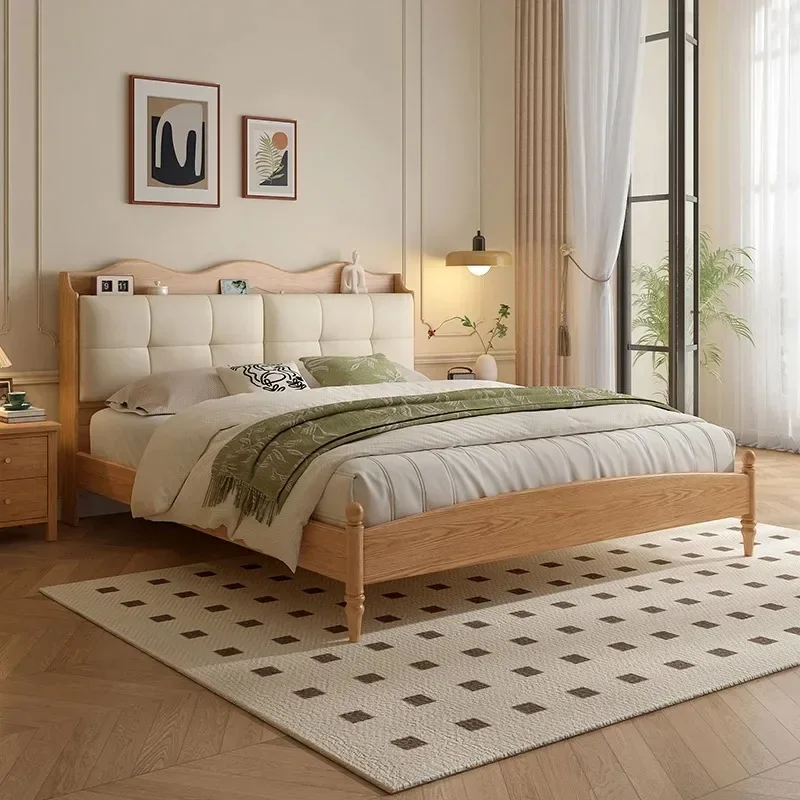 Modern minimalist Nordic log retro style double bed, master bedroom shelf bed