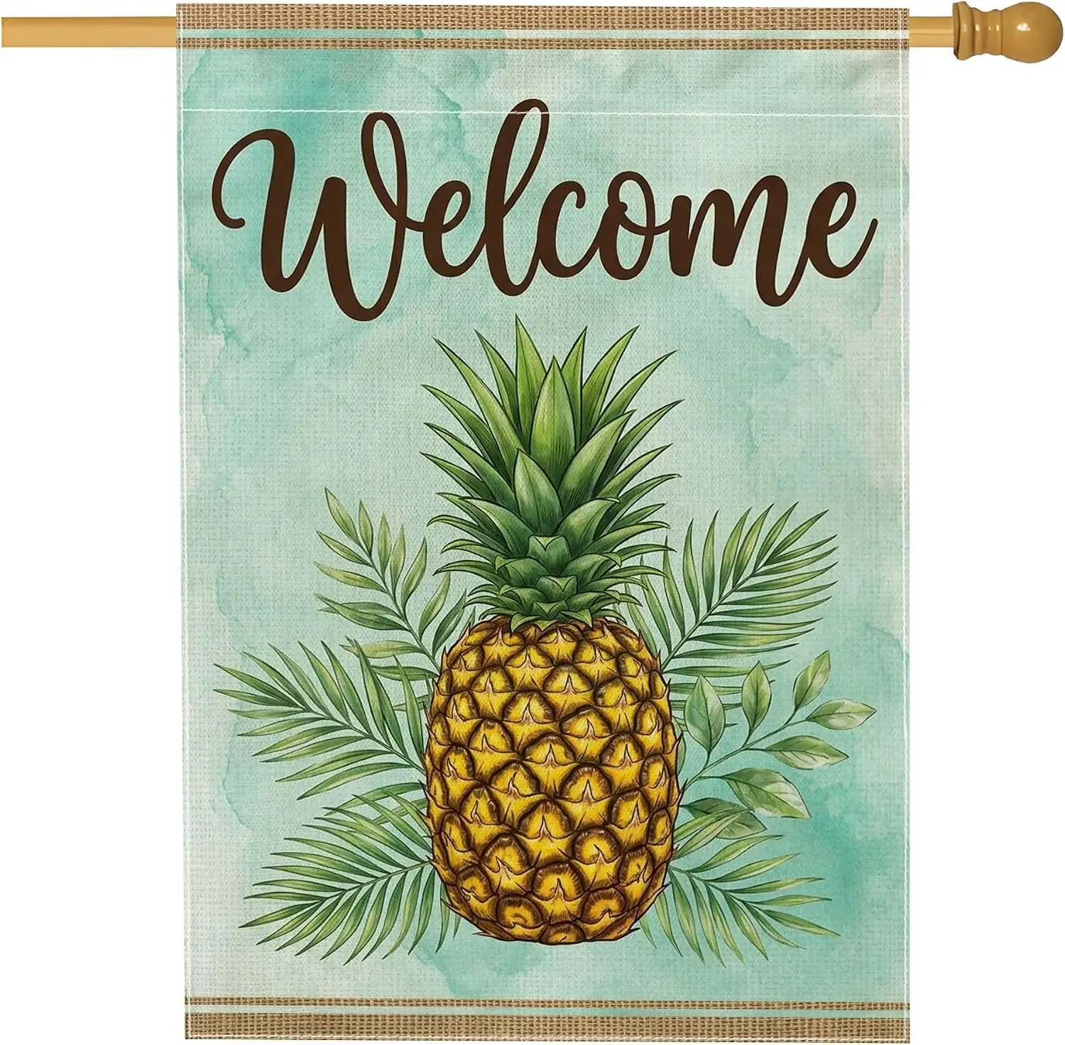 Pineapple House Flag, Tropical Modern Palm Leaves Welcome Summer Green Double Sided Burlap Outside Large Garden Flag for Out MMZ