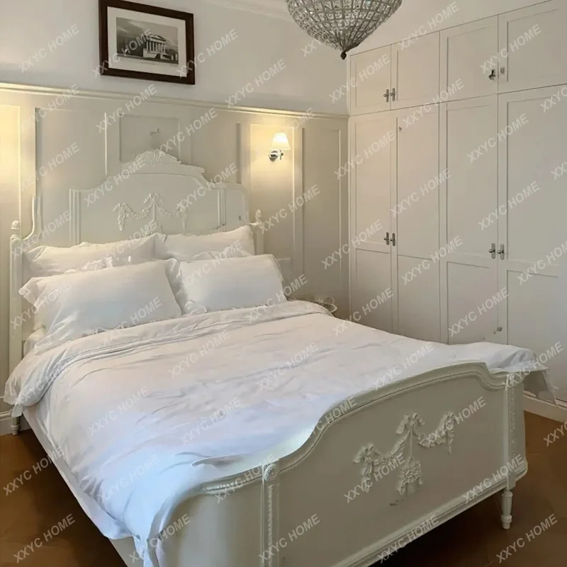 XX L retro solid wood carving flower bed villa master bedroom cream style household rattan bed