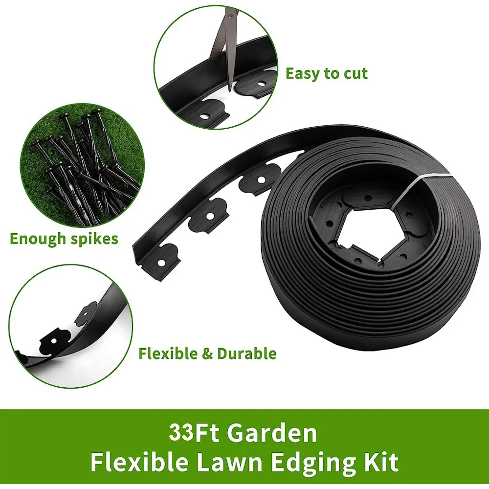 5-10mGarden Edging Coil Comes with 30Pcs Spikes,No Dig Lawn Border Design Lawn Fence Garden Fencing Trellis L-shaped Lawn Border