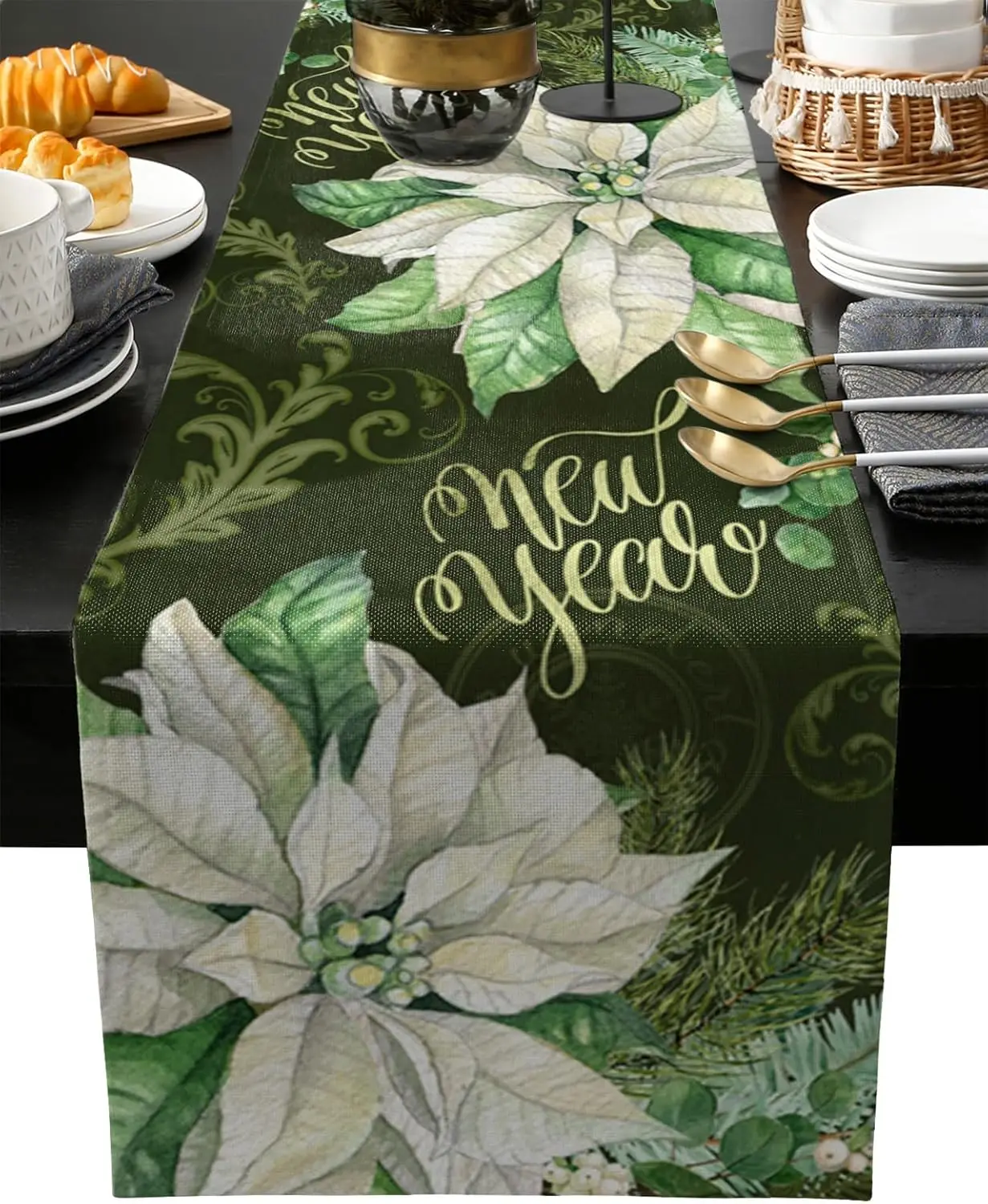 Christmas Green Poinsettia Pine Needle Linen Table Runner Party Decor Winter Xmas  Dining Table Runner Christmas Decorations