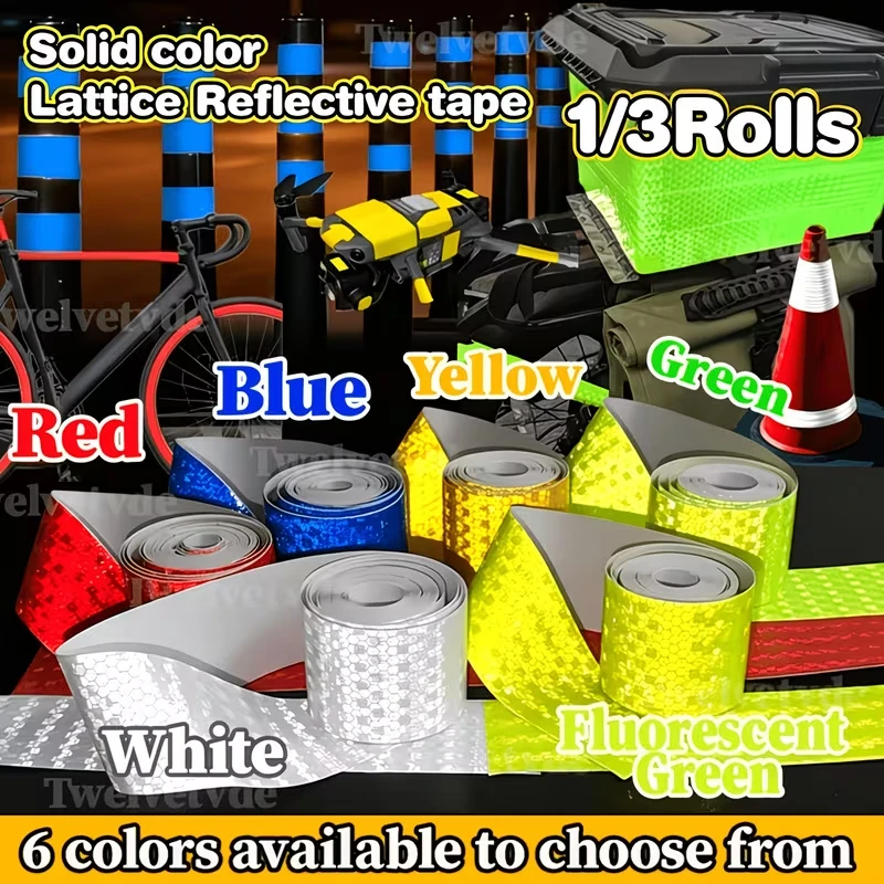 1 or 3 Rolls Seven Colors Lattice Reflective Tape 384cm High Visibility Solid Reflective Strip for Safety Warning signs stickers
