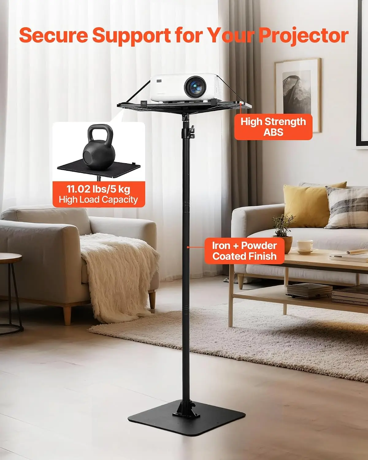 Projector Stand, Projector Floor Stand with Adjustable Height 30.3 to 63.4 inch, 360° Horizontal Rotation Projectors Cart for Me