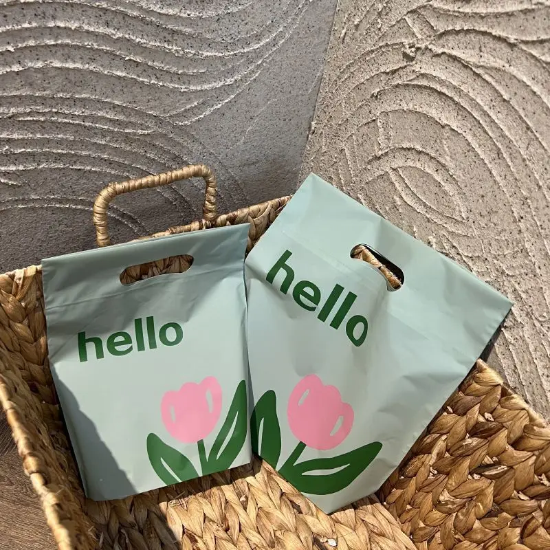 10 Pcs Green Tulip Gift Bags Cute Flower Shopping Packaging Bag For Store Jewelry Candy Present Thanksgiving Wedding Accessories