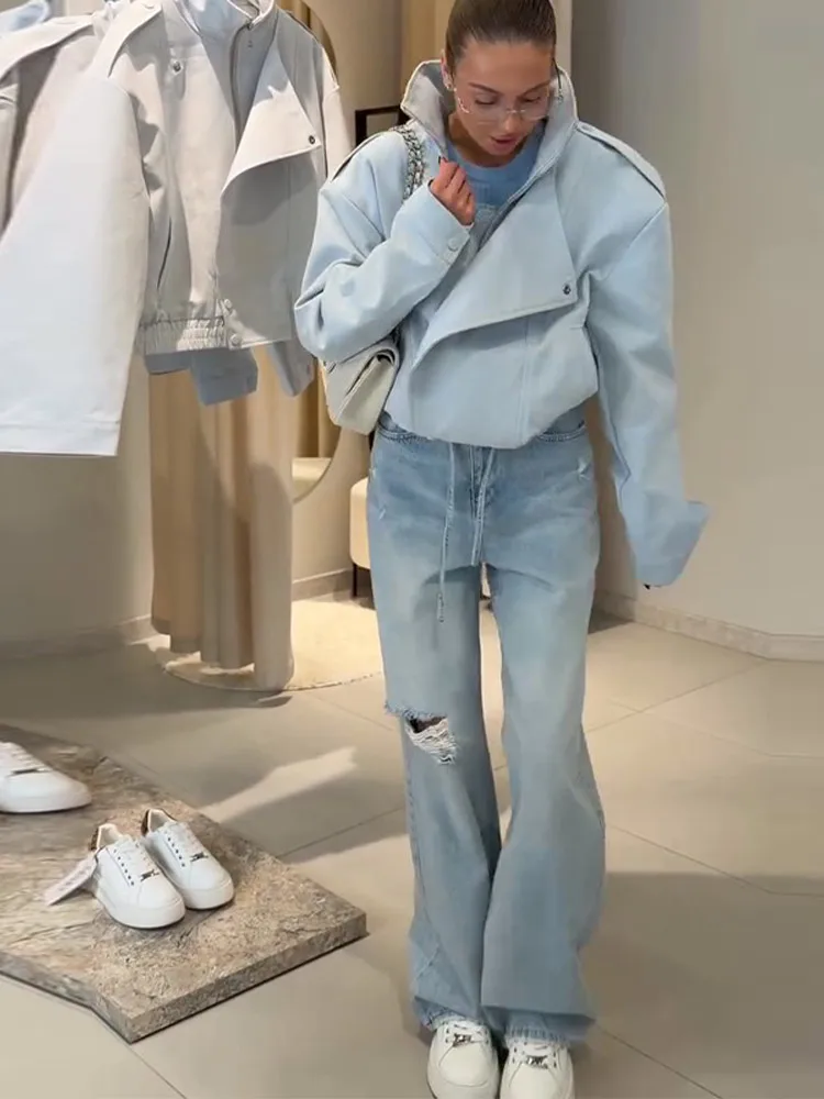 Reißverschluss-Rollkragenjacke mit Seitenplakette und Langen Ärmeln für Damen, Streetwear mit Epauletten und Verdeckten Knöpfen, Locker Sitzende Jacken, Neue Damenoberbekleidung – Detail 16