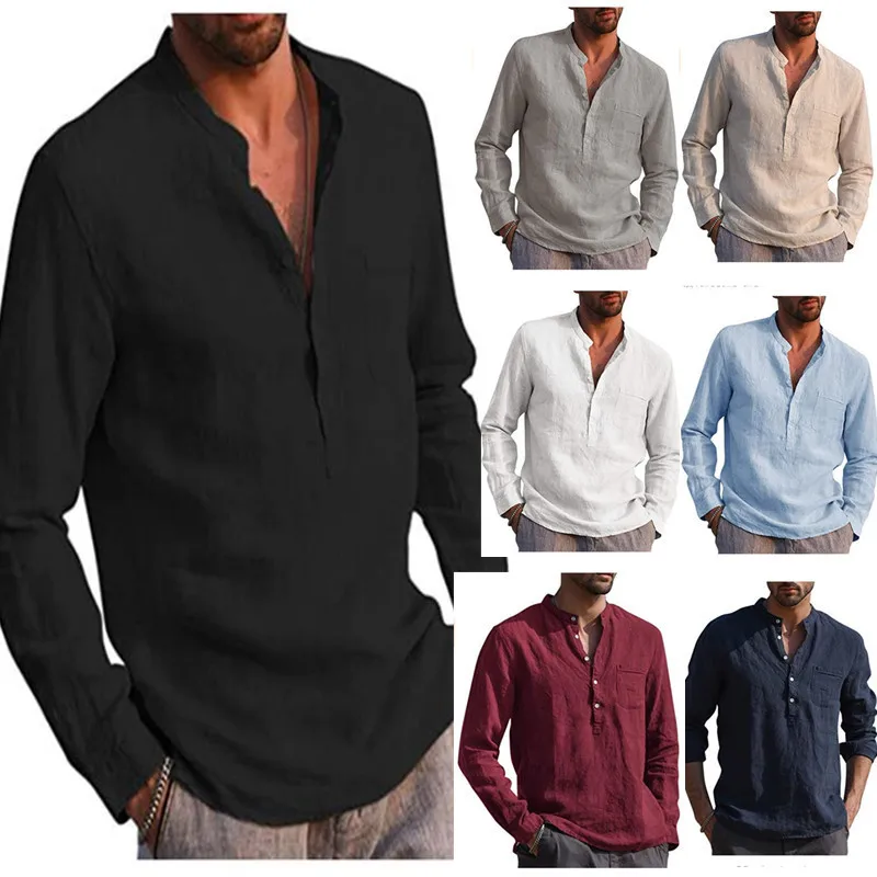 Plus Size Men Shirt Cotton Linen Hot Sale Men\'s Long-Sleeved Shirts Summer Solid Color Stand-Up Collar Casual Beach Style